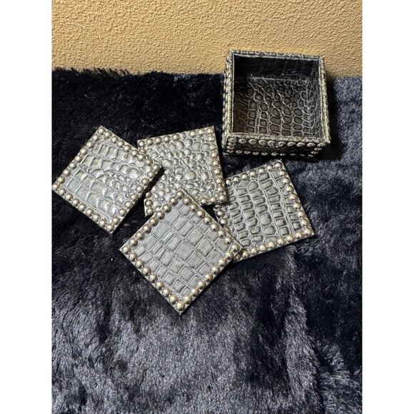 Dransfield & Ross Gray Crocodile Dark Red Coasters Set of 4 Embossed Nail Trim - Picture 4 of 9